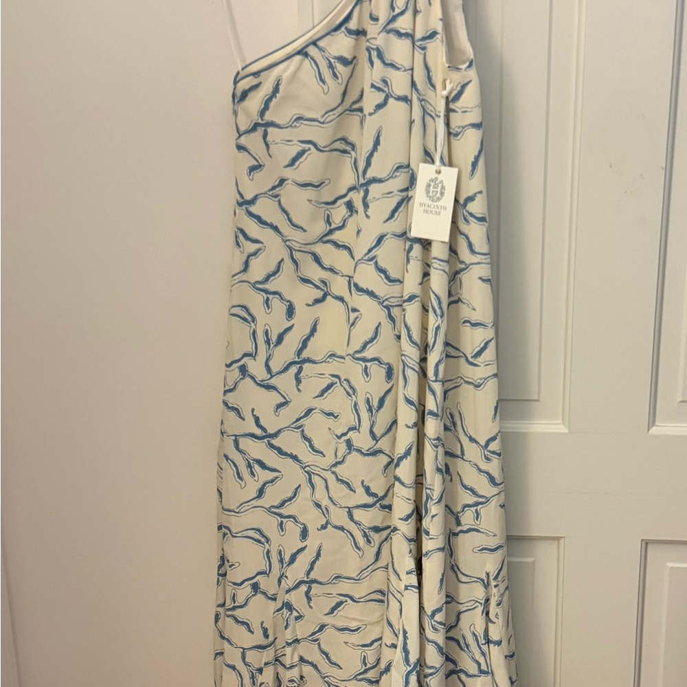 Elegant One-Shoulder Blue and Cream Dress
